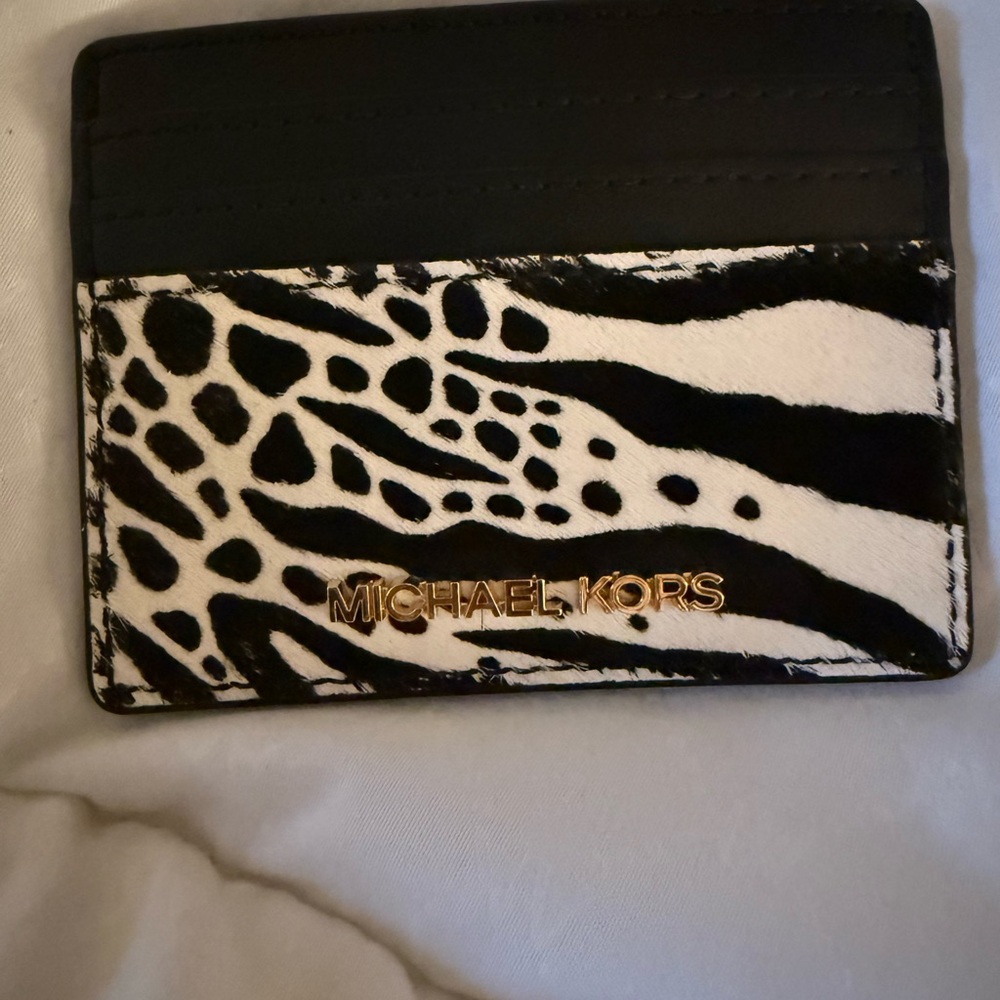 Michael Kors Black and White Animal-Print Card Holder with Gold Logo